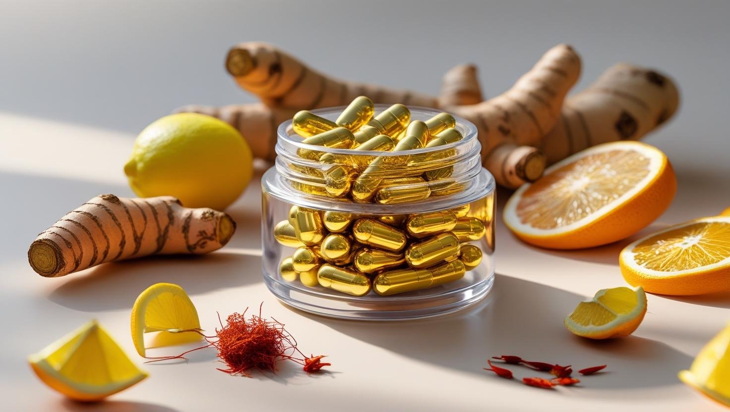 Cápsulas de suplementos naturais com extratos premium para emagrecimento saudável.